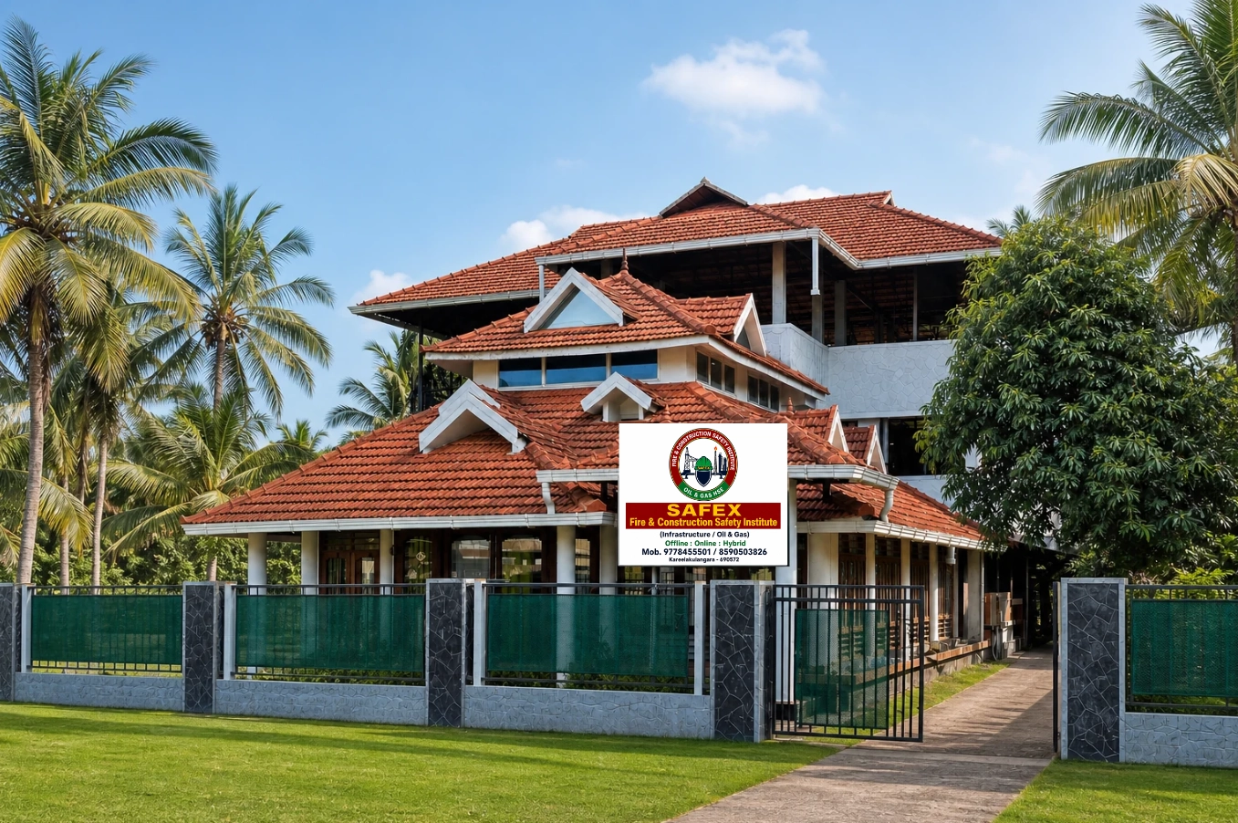 SAFEX Fire and Construction Safety Institute campus in Kareelakulangara with a clean clay-tile roof, landscaped lawn and training ground