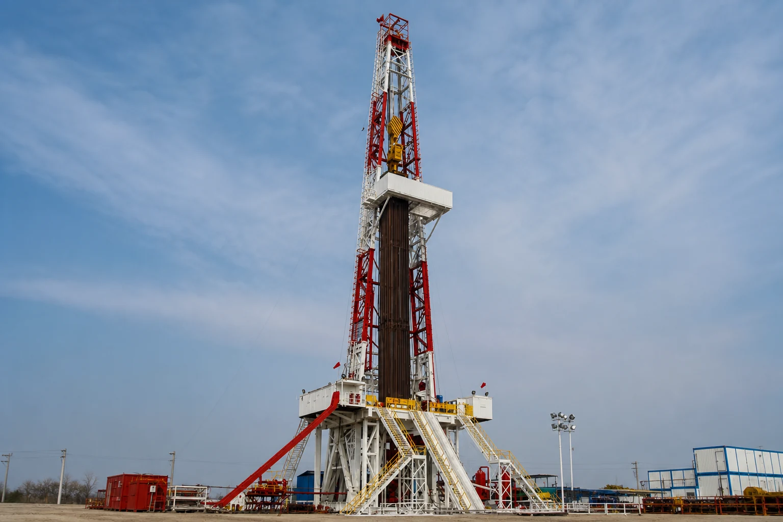 Modern red-and-white super drilling rig at an oil and gas worksite